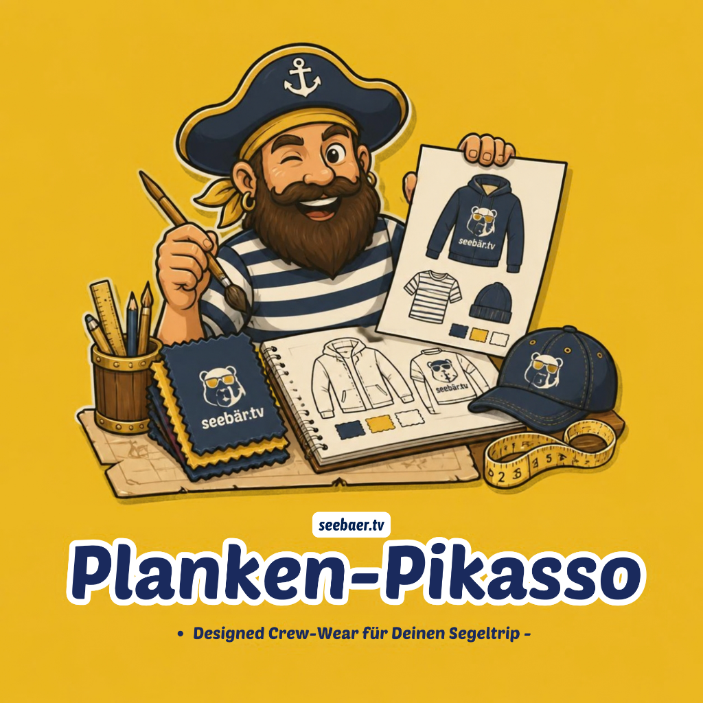 Klabauter Picasso: Designer mit Skizzenbuch, Pinsel und Crew-Wear-Entwürfen