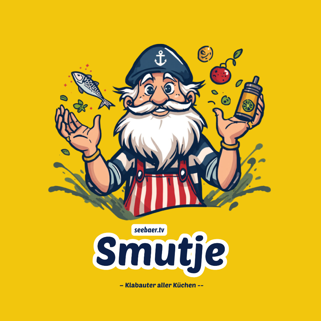 Klabauter Smutje: bärtiger Seemann mit Anker-Mütze, Fisch und Zitruspresse